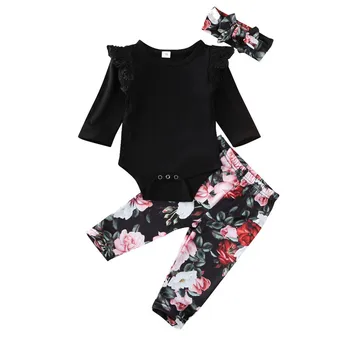 

Free shipping Toddler Baby Girls Clothes Long Sleeve solid Ruffle lace Bodysuit Flower print Pants bow Headband 3pc kids Outfits