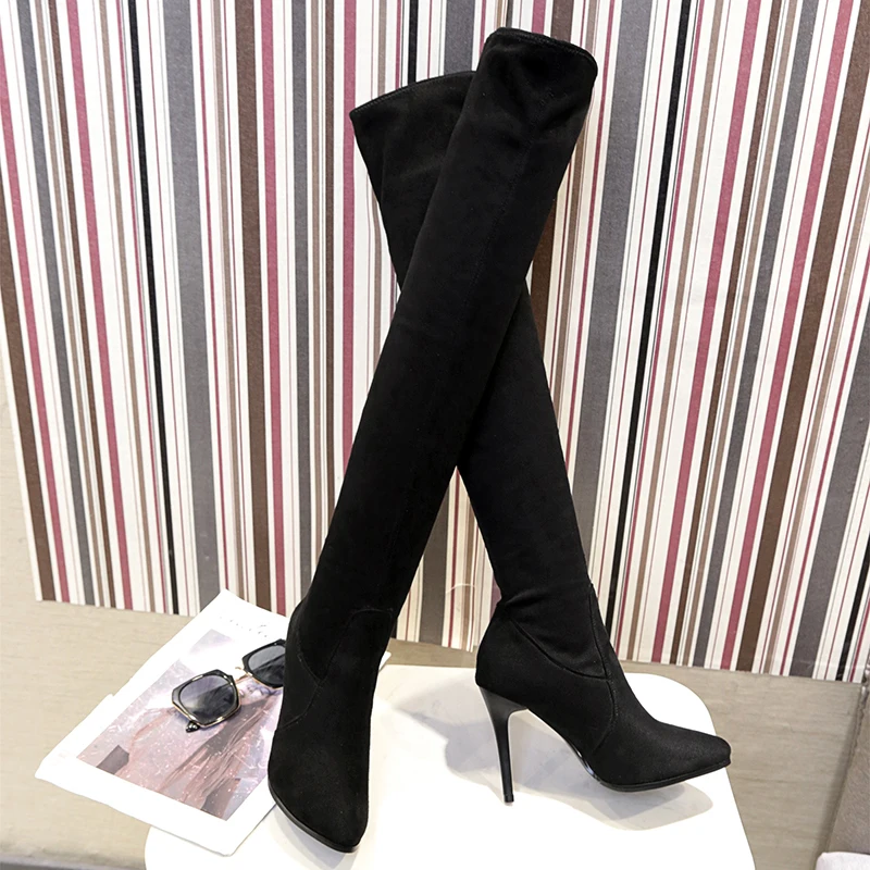 Over the Knee Boots Women High Heel Shoes Sexy Sock Boots Pointed  Toe Thin Heels Party Fashion Ladies 2019 Winter Warm Boots