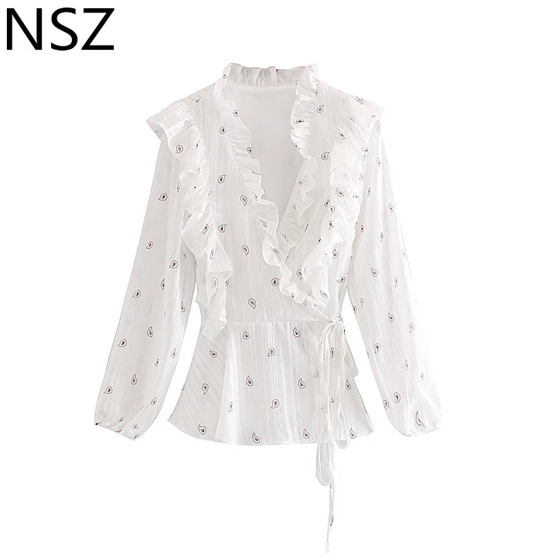 

NSZ Women White Striped Print Ruffles Blouse Transparent Shirt Cross v neck Belted Gold Line Sheer Top Peplum Tops Blusa Mujer