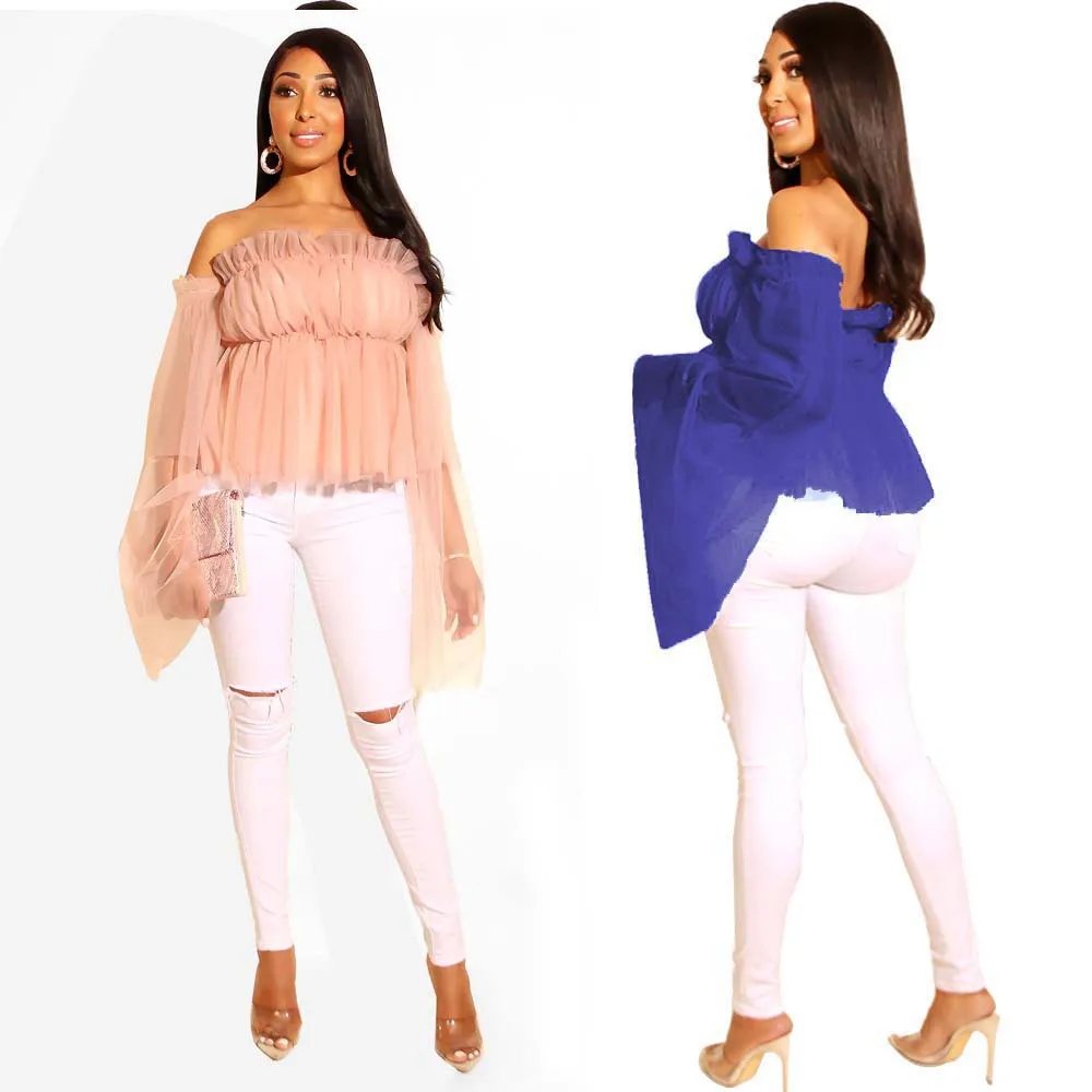 

Women's Summer Fashion Mesh Top Sexy One Shoulder Long Sleeve Waist Shirts Pink Blue Casual Transparent 2019 Autumn New Arrival