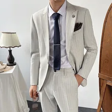 OIMG Men's casual suit dark stripe suits men's business suits two-piece Korean suits men's suits
