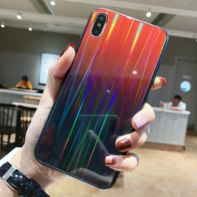 Gradient Aurora Cases For iPhone 11 Pro X XS Max XR 6 6S 7 8 Plus Rainbow Laser Tempered Glass Back Cover Funda Protection Coque | Мобильные