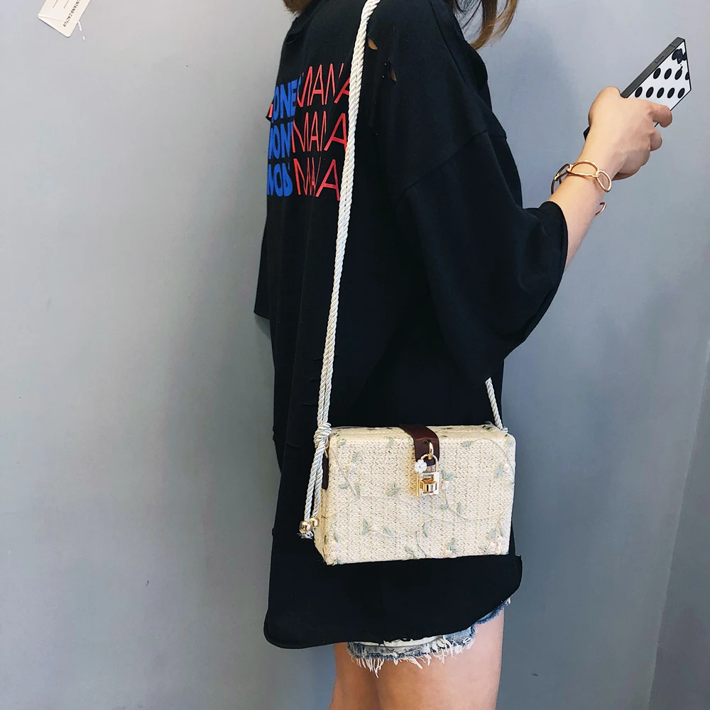 USFashion Lady Floral Print Beach Rectangle Box Bag Rattan Straw Crossbody Bags Bohemia Handbag Shouldbag