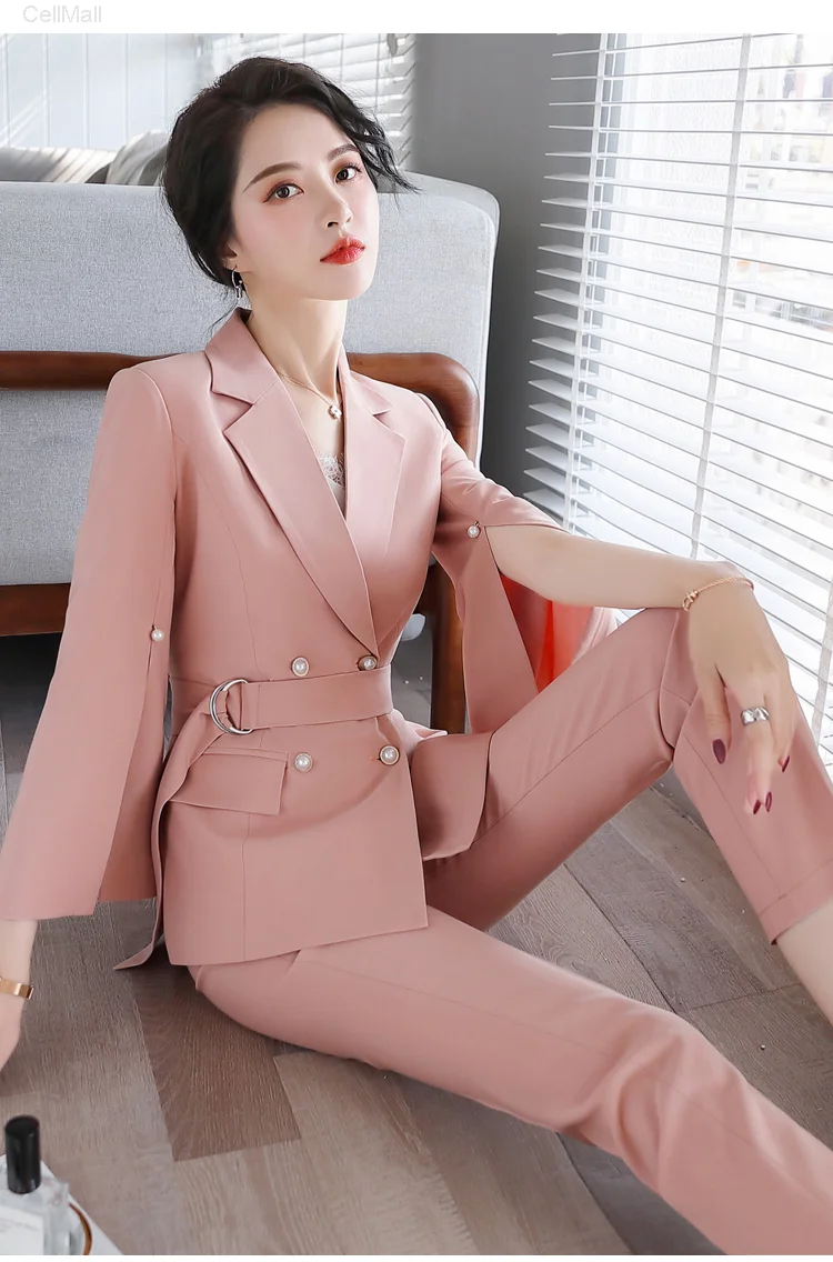 

Novelty Pink Formal Uniform Designs Pantsuits with Pants and Jackets Coat Women Business Suits Ladies Professional Blazers