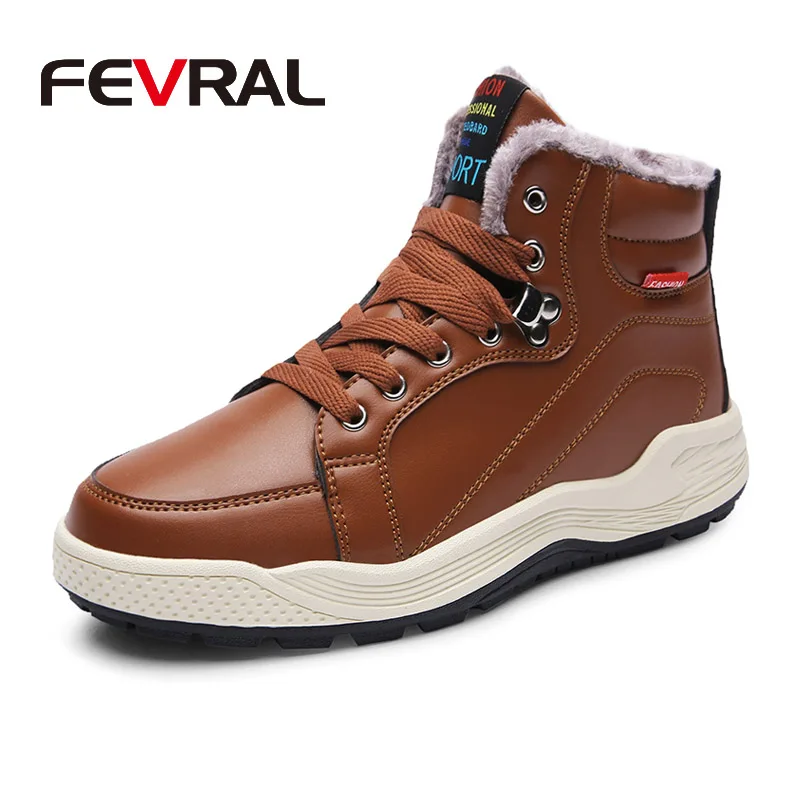 FEVRAL/осенне-зимние ботильоны из искусственной кожи мужские ботинки с мехом, плюшевые теплые зимние ботинки мужские повседневные ботинки кроссовки, размер 39-48 - Цвет: Brown