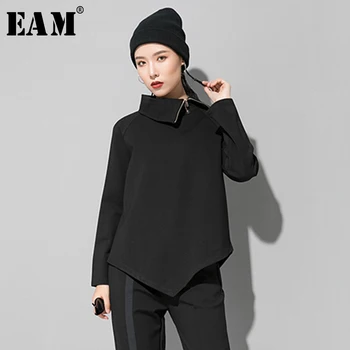 

[EAM] Women Black Zipper Asymmetrical Split Joint T-shirt New Turtleneck Long Sleeve Fashion Tide Spring Autumn 2020 1R424