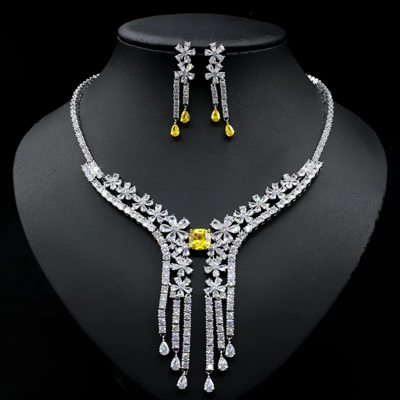 

EYER Luxury Water Drop Tassel Jewelry Sets Wedding Dress For Women Yellow Zircon Necklace Earrings Set Cubic Zircon Jewelry Set