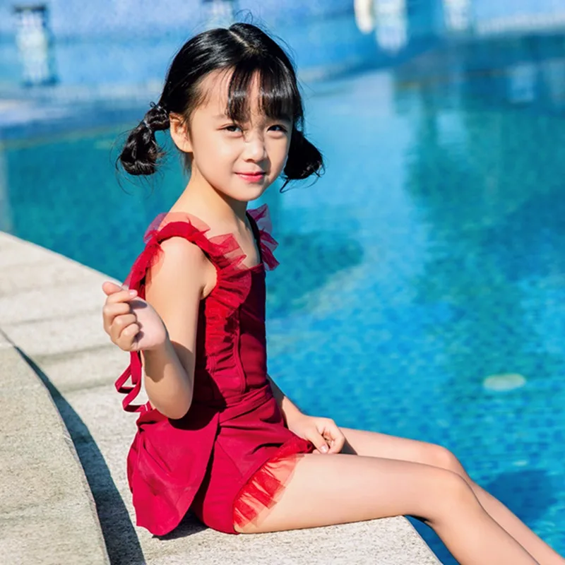 

Swimwear Suits Bow-knot Kids Swimsuit with Swimming Cap Girls One Piece Swimsuits Ruffle