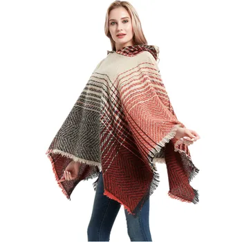 

Spring, autumn and winter new style polyester bristles herringbone pattern gradient hooded cape ladies hedging shawl