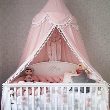 

Baby Bed Room Accessories Crib Netting Chiffon Wool Ball Lace Tent Child Dome Bed Cot Crib Petal Mosquito Net Child Room Decor