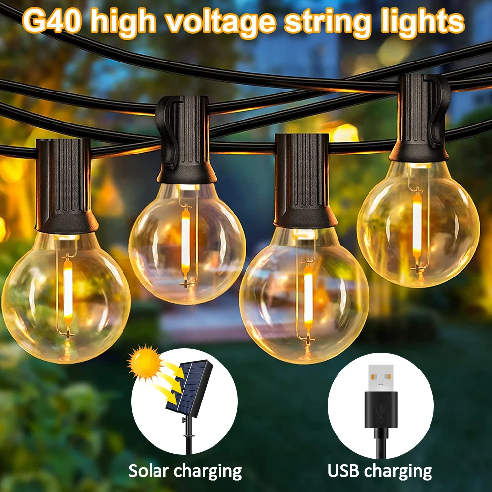 LEDS G40 Solar String Lights Outdoor Patio Lights Solar Powered Waterproof  Globe Hanging Lights with Shatterproof Christmas solar sensor wall light