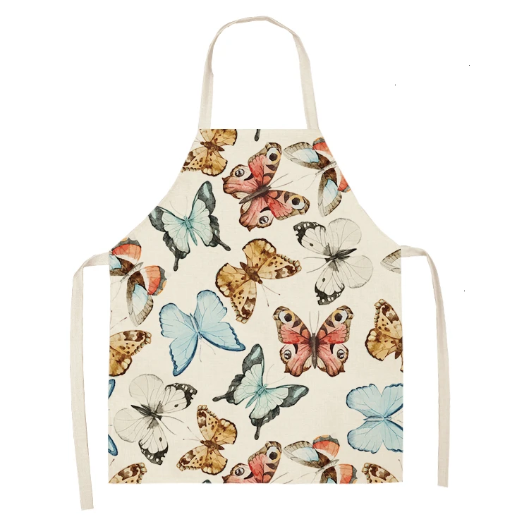 1PC Cotton Baking Waist Bib Linen Flower Butterfly Printed Kitchen Sleeveless Aprons Women Home Cooking Pinafore 53*65cm WQL0147 - Цвет: WQL0147-3