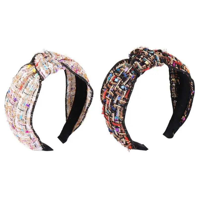 

Korean Womens Twist Knotted Wide Headband Colorful Plaid Glitter Tinsel Vintage Hair Hoop Autumn Banquet Party Styling Headwear