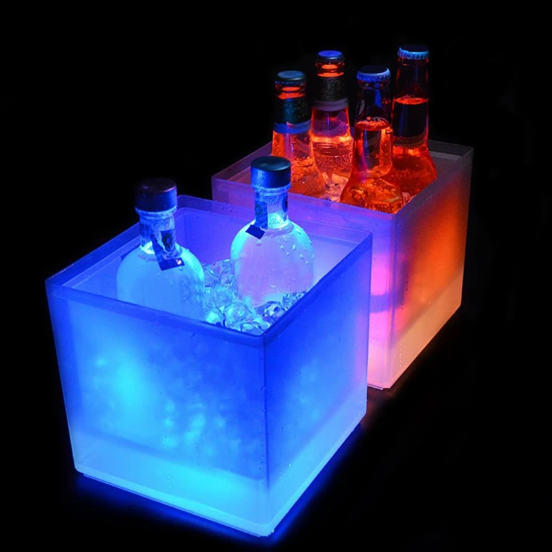 HLZS-LED ведро для льда, Двухслойное квадратное ведро для пива, RGB цвет, меняющее цвет, прочное ведро для льда, вина, 3,5 л, для бара