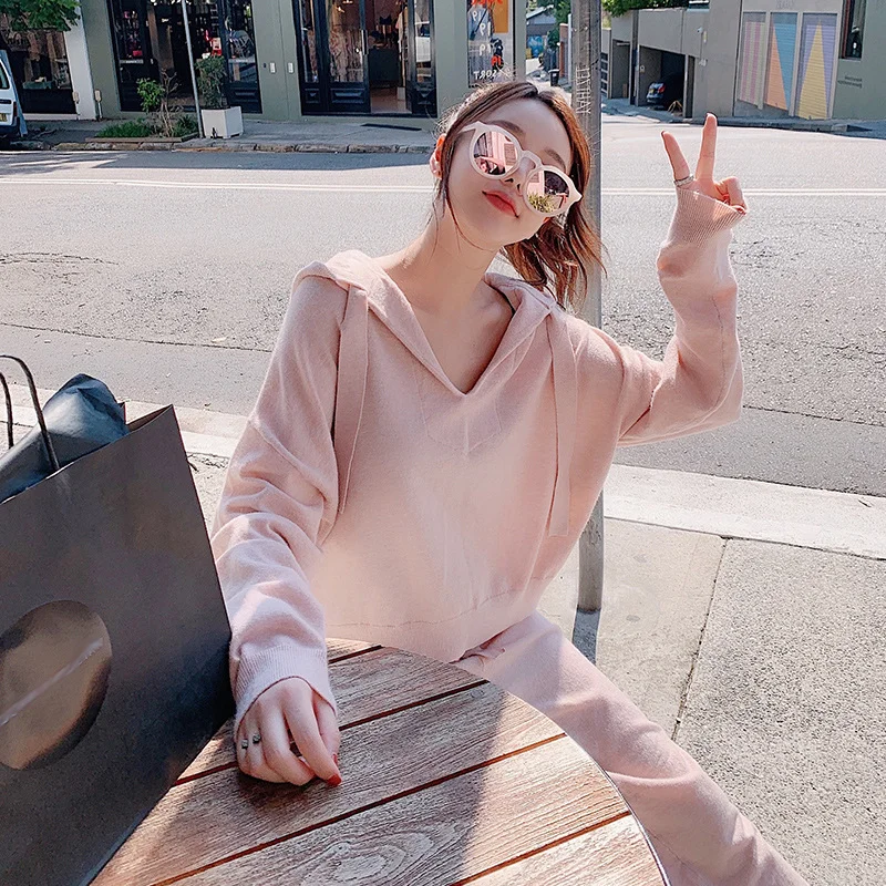 

2019 Spring Autumn Brand New Fashion 2 Piece Set Women Sporting Suits Knit Hooded Pullover Pants Female Tracksuit Casual Outwer
