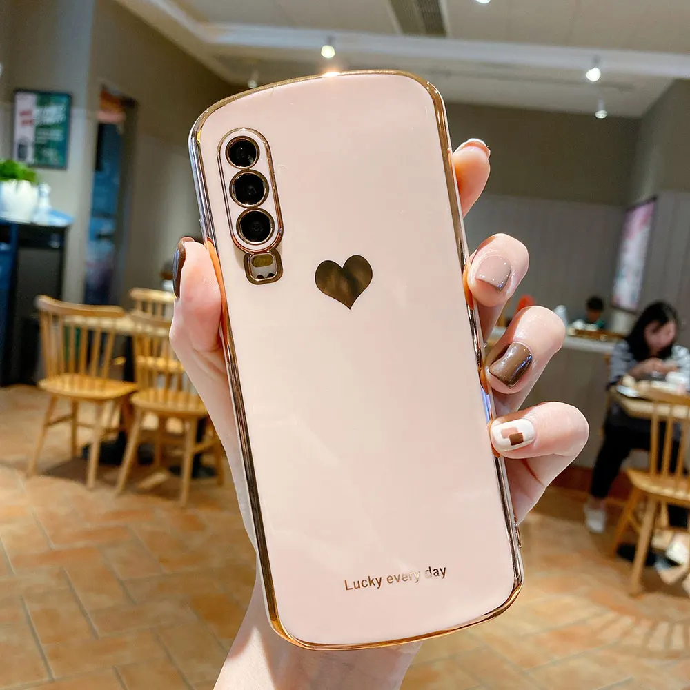 Boucho Mạ Điện Hình Bầu Dục Dành Cho Huawei Honor 30 P30 P40 Giao Phối 30 Pro Nova 7 SE Cao Cấp Màu Trơn họa Tiết Trái Tim Bìa Mềm cute phone cases huawei Cases For Huawei