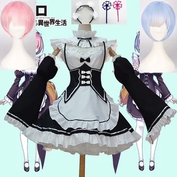 

Anime Re:zero Kara Hajimeru Isekai Seikatsu Life In a Different World Ram Rem Cosplay Costume Wigs Maid Dress Halloween Costume