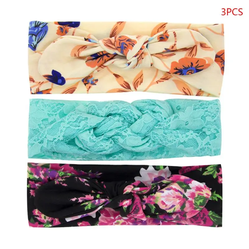 3 Pcs/set Children Hair Accessories Set Baby Print Lace Knotted Headband Cute Girls Rabbit Ears Styling Headdress