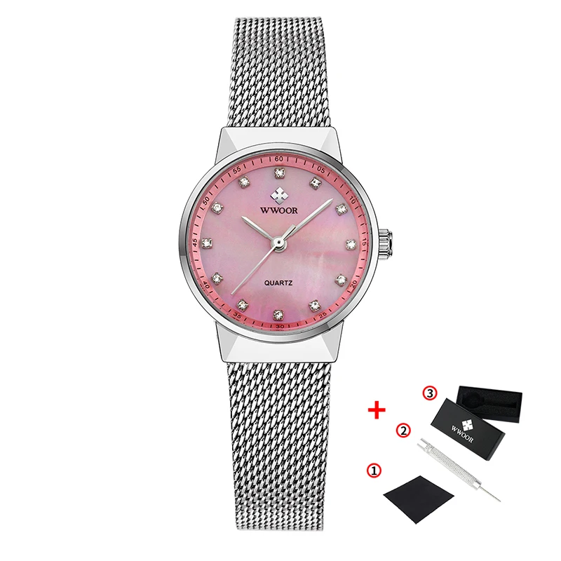 Pink WWOOR, новинка, женские часы, Роскошные, модные, под платье, розовые, женские часы, стразы, нержавеющая сталь, часы, tous, часы, Relogio Feminino - Цвет: Pink