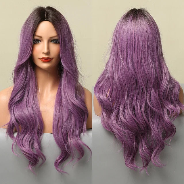 GEMMA Long Wavy Ombre Brown Purple Synthetic Wigs for Women Heat Resistant Natural Middle Part Cosplay Party Lolita Hair Wigs LC5120-1