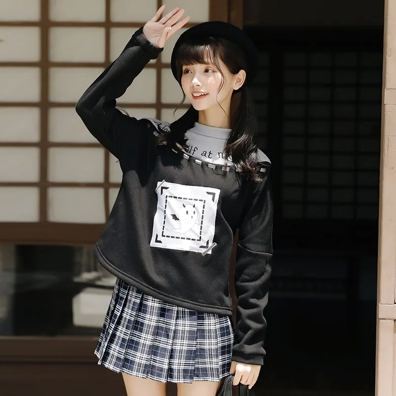 Lychee Harajuku Лоскутная на шнуровке Женская толстовка дьявол Демон дух печати женский спортивный костюм маленький Высокий воротник осенние пуловеры