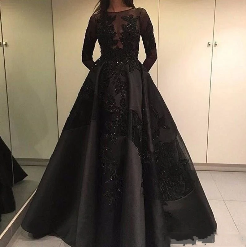 

2020 Modest Formal Evening Celebrity Dresses Sweep Train Black Lace Long Sleeve Arabic Dubai Prom Party Gowns robe de soriee