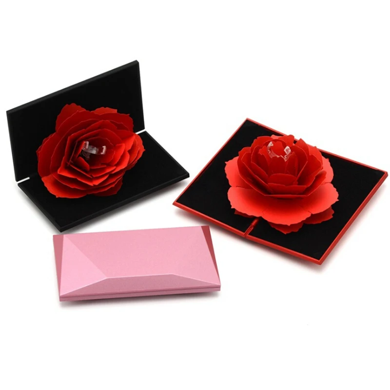 New Folding Flower Ring Box Rotating Rose Ring Box Wedding Birthday Valentine