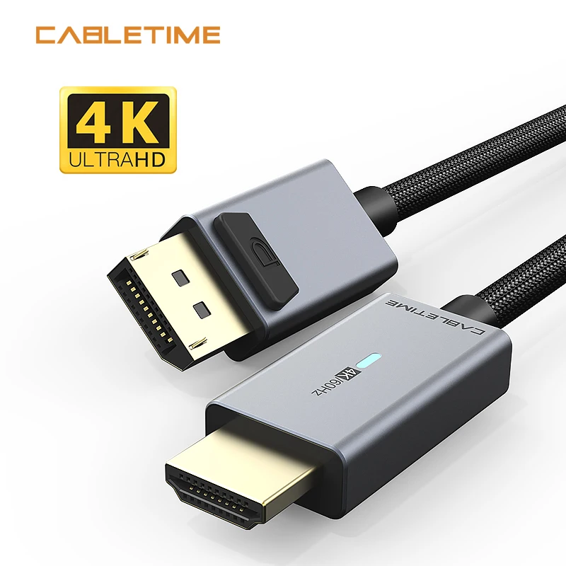 CABLETIME Displayport To HDMI Cable Blue Light Gold Plated HDMI2.0 4K