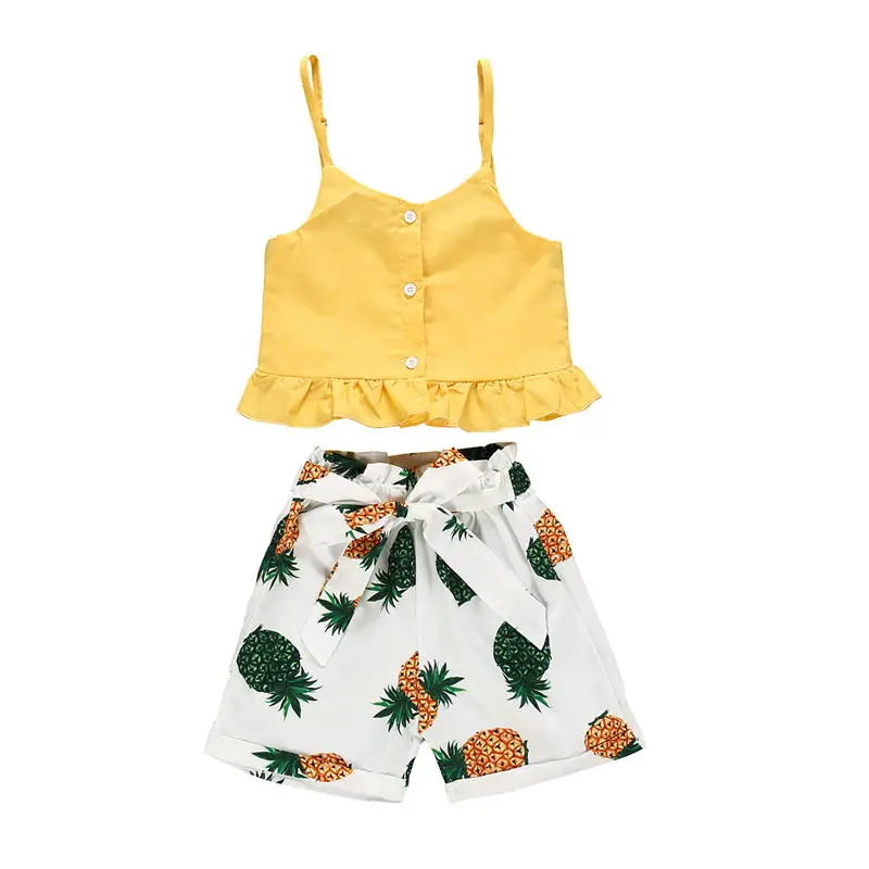 summer children girl cloth set yellow vest pineapple short pant 2pcs suit (9)