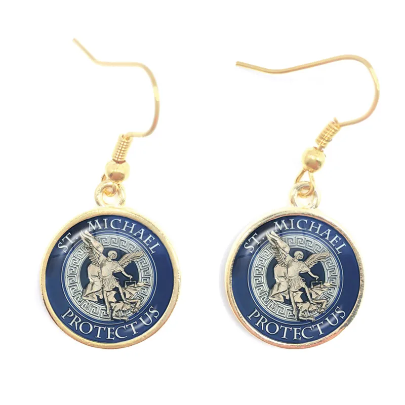 

Hot St.Michael Fashion Earrings Protect Me Saint Shield Protection Justice 16mm Glass Cabochon Earrings Talisman Christian Holy