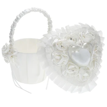 

New Satin Flower Girl Wedding Basket And Ring Pillow for Party Storage Box White Heart Ring Pillow Ring Holder Wedding Decorati
