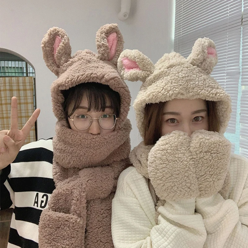 Зимняя утолщенная теплая плюшевая шапка-шарф и перчатки из овечьей шерсти три в