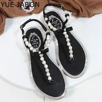 Perle sandales femmes dames été bohême plage sandale chaîne perle décontracté boucle sangle chaussures plates bout ouvert chaussures femme tongs 4