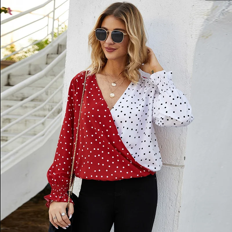 Women Polka Dot Print Blouse Ruffles Long Sleeve V-Neck Color Block Patchwork Tops Shirts Ladies Casual Loose Blouses Spring | Женская