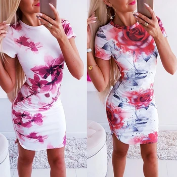 

2020 New Elegant Women Slim Hips Dress Patchwork Design Short Sleeve O-Neck Flower Print Ladies Summer Fashion Bodycon Dresses