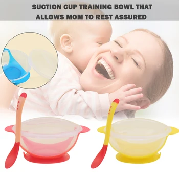 

Baby Learning Dishes With Suction Cup Kids Safety Dinnerware Set Assist Bowl Temperature Sensing Spoon Tableware training Bowl