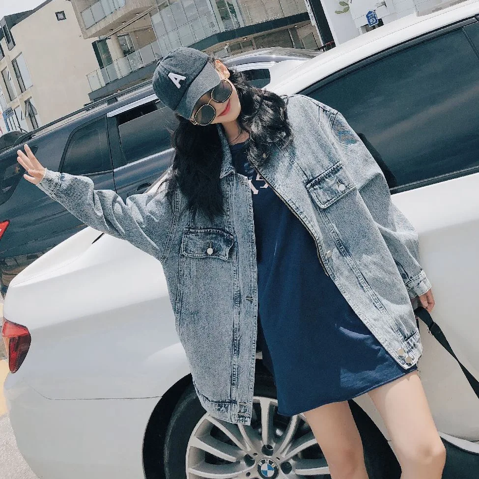 

Photo Shoot Autumn And Winter Harajuku Wind BF Washing Jeans Coat Women's Oversize Fold-down Collar Bat Sleeve Mid-length Jacket