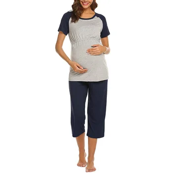 

Women Double Layers Hospital Autumn Comfortable Nursing Pajama Set Short Sleeves Casual Summer Home Tops 3/4 Pants Breastfeeding