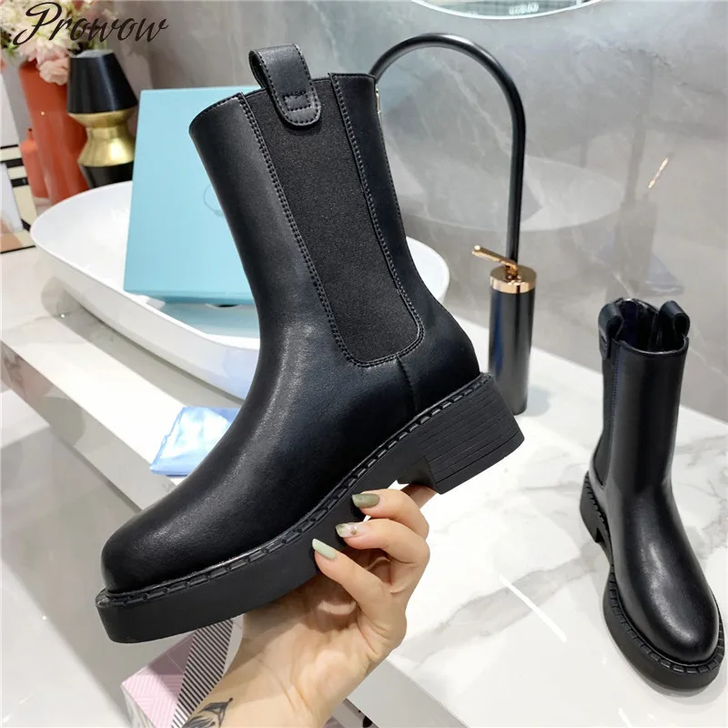 Женские ботинки челси на молнии Prowow черные или белые из коровьей кожи толстой