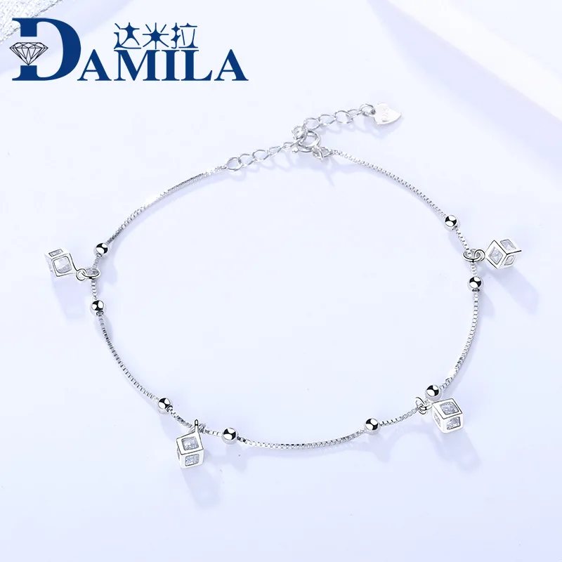 DAMILA 925 серебряные ювелирные изделия Японский Корейский простой ноги украшения выдалбливают Кубик Рубика циркония круглые бусины тонкой серебряной ножной браслет Mi