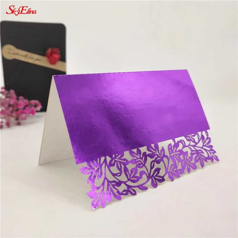 Bright Purple 10/50/100 шт. выдалбливают придиванный столик "Люкс" карточки с именем, свадьбы, Рождества, День рождения пригласительные открытки Украшение стола пользу 5Z - Цвет: Bright Purple