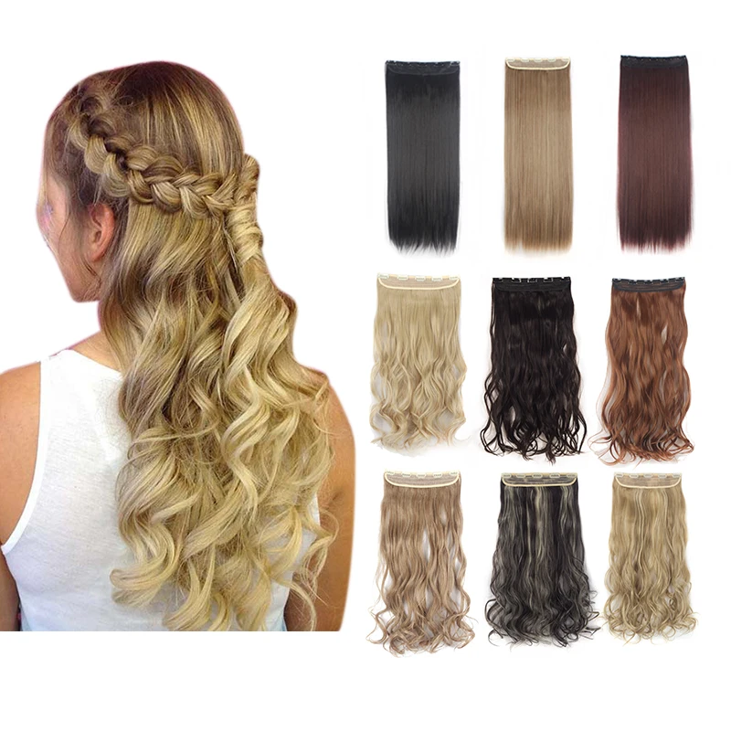 Lelinta 24'' 26'' Long Synthetic Hair 5 Clip In Hair Extension Heat Resistant Hairpiece Natural Wavy/Straight Piece