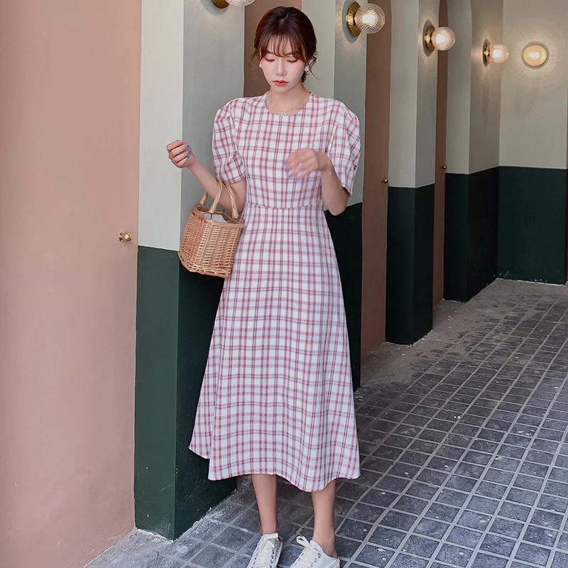 

2 Colors Women Long Plaid Dress Summer 2020 Runway Elegant Korean Casual Party Dress Preppy Vacation Dresses Red Blue Plaid