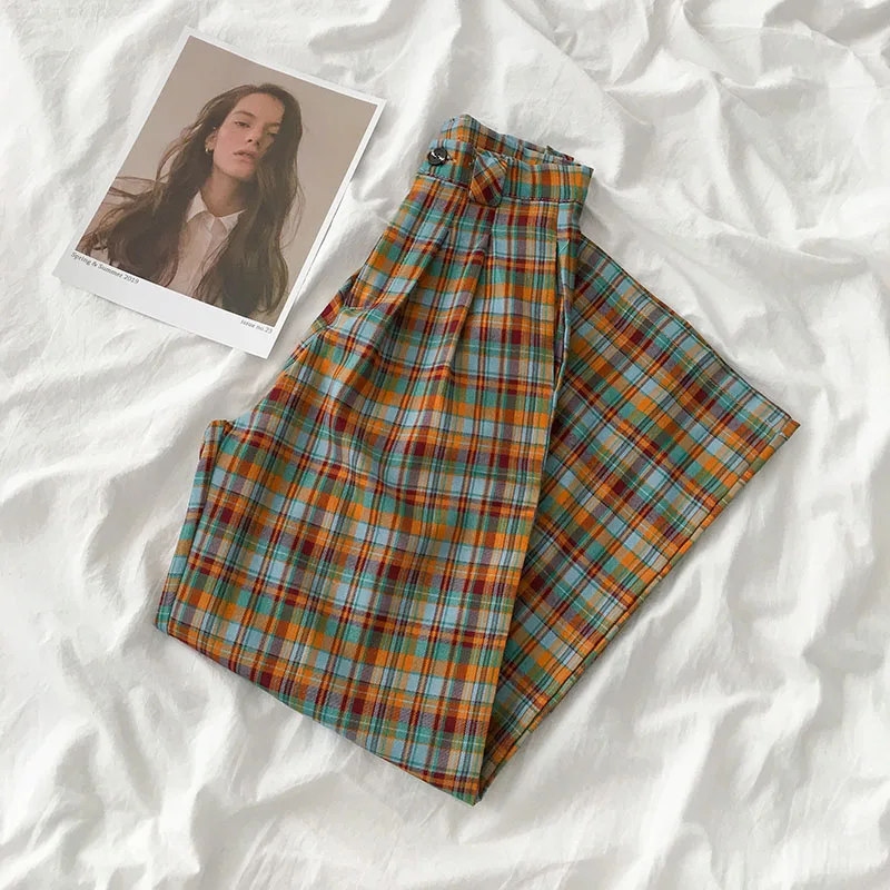 

HOUZHOU Plaid Pants Women Fashion Wide Leg Pants 2020 Casual Palazzo Pants Button Female High Waist Vintage Women Trousers