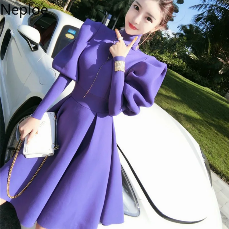 Neploe, элегантное Пышное Платье трапециевидной формы с длинным рукавом, женское облегающее элегантное платье с высоким воротом, Vestido, Осень-зима, фиолетовое, ropa mujer 46390