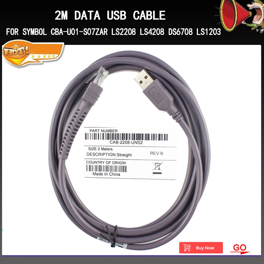Nova 2m Cabo de Dados Usb de Código de Barras Scanner de Código de Barras Scanner para Symbol Cba-u01-s07zar Ls2208 Ls4208 Ds6708 Ls1203 Cabo