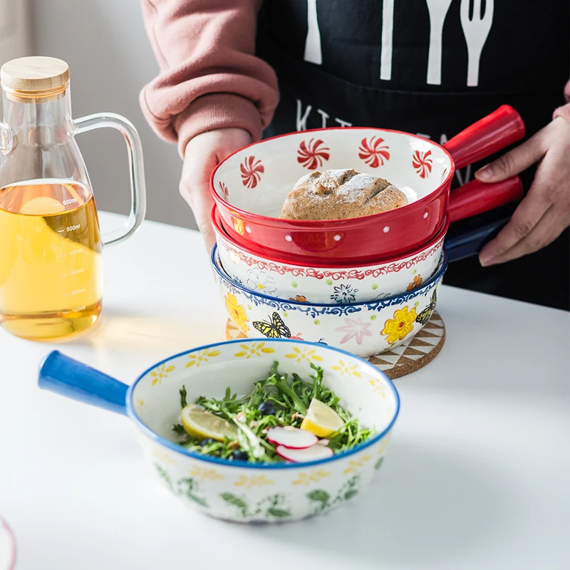 

EECAMAIL 8-дюймовая ручка чаша керамическая форма для выпечки креативные чаши для риса и супа чаша для завтрака фруктовый салатник