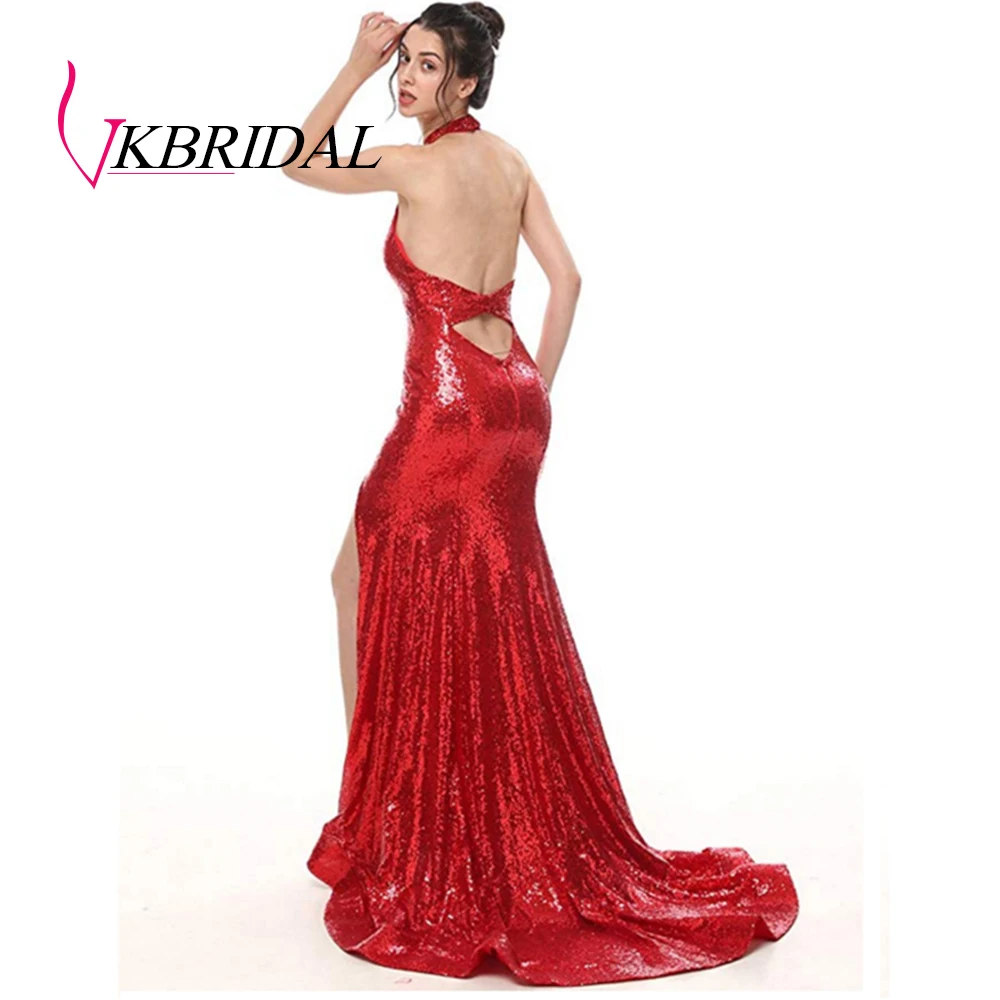 VKBRIDAL, красное платье для выпускного с пайетками, длинное, сексуальное, с разрезом, на бретелях, с открытой спиной, вечерние, для женщин, vestido formatura
