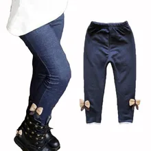 Леггинсы для девочек из плотного бархата с бантиком; Сезон Зима; детская одежда; имитация джинсов; поколение полных