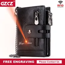 

GZCZ Rfid Genuine Leather Men Wallet Coin Purse Small Mini Card Holder Chain PORTFOLIO Portomonee Male Min Walet Free Engraving